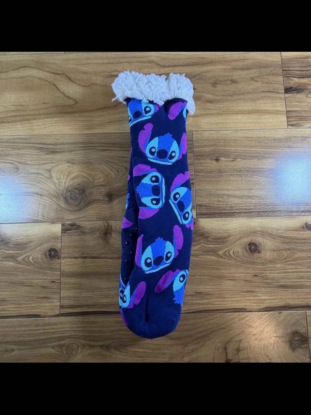 Fuzzy Lined Stitch Face Gripper Socks - Navy with Blue & Purple